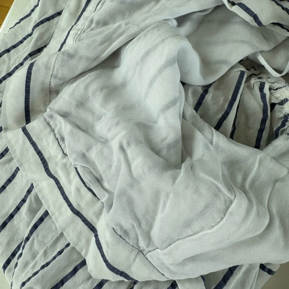ZARA White Navy Blue Striped Tie Back V Neck Blouson Sleeve Cropped Blouse Sz L - Picture 8 of 10